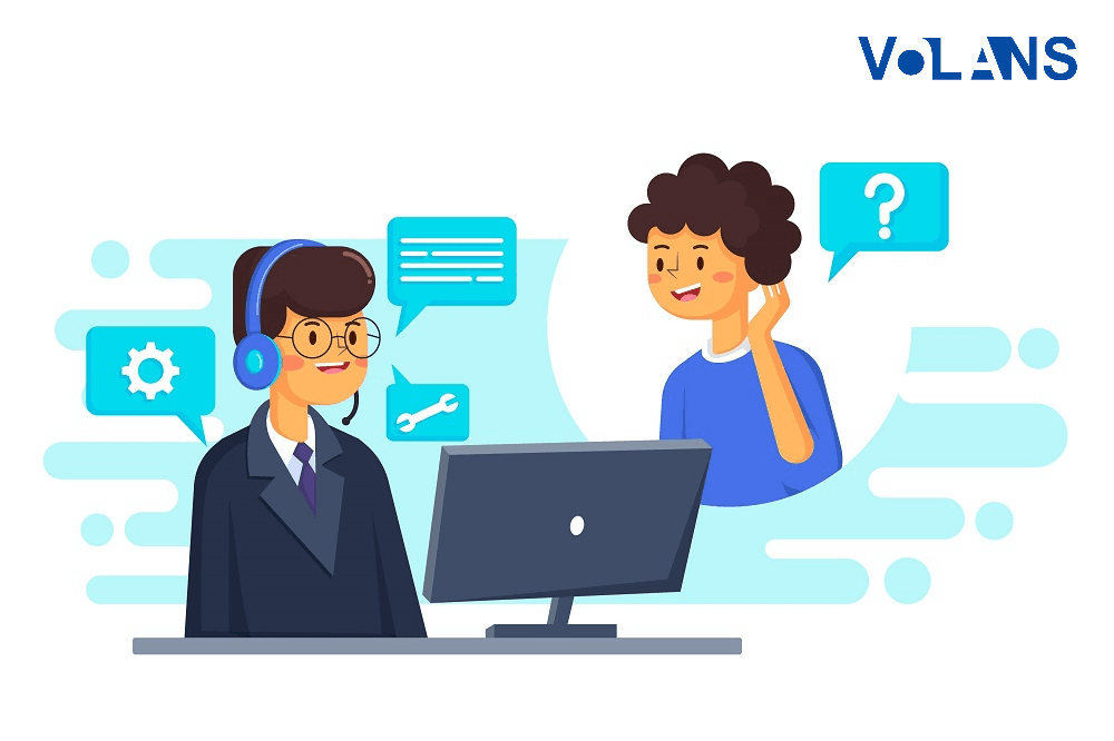 Illustration of a customer service representative speech with customer for after-sales support.